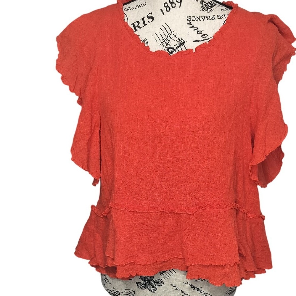 Maeve Anthropologie Red Orange Flutter Sleeve Peplum Top Cotton Gauze Ruffle Med